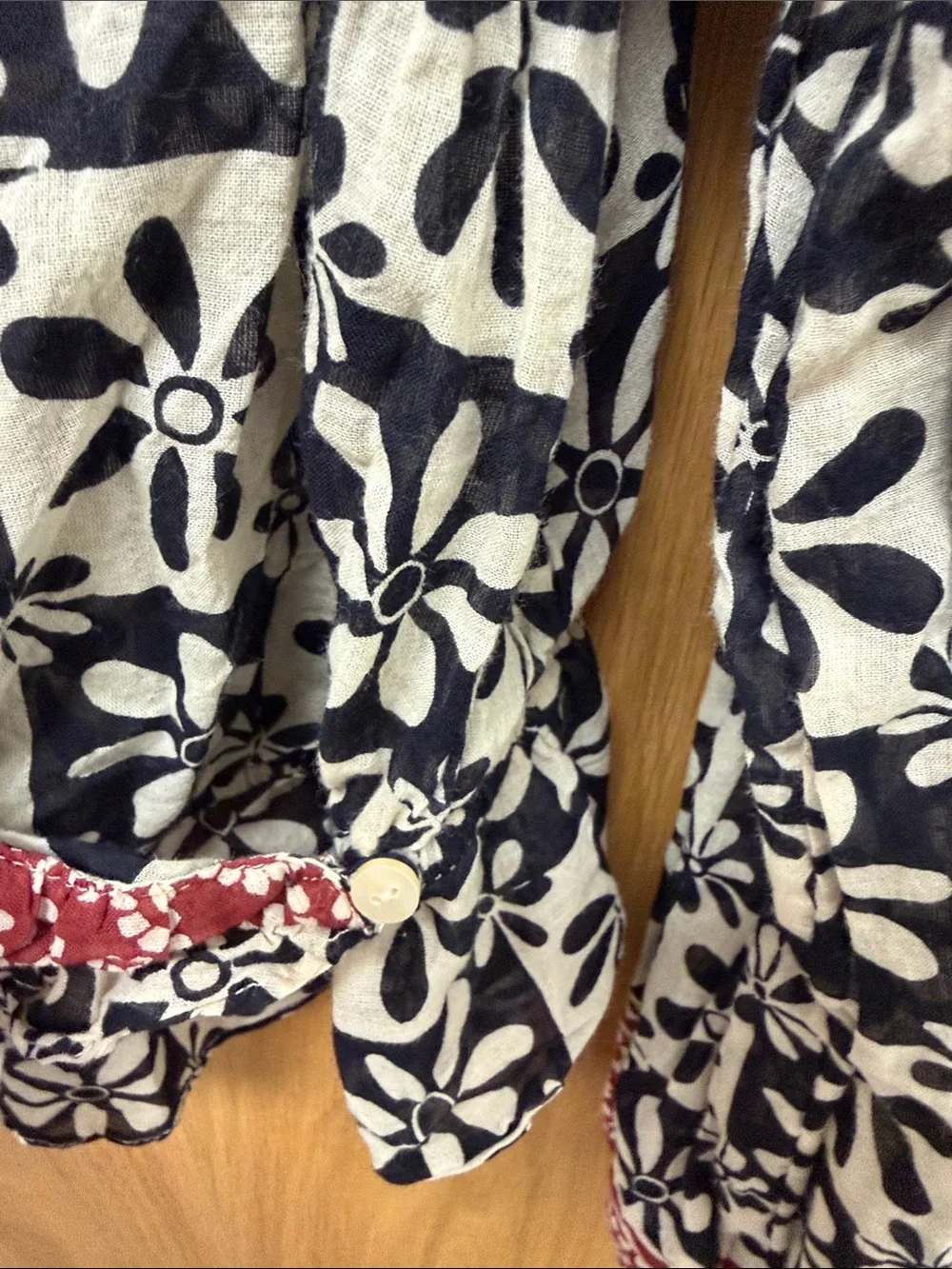Free People Black & White Floral Ruffle-Trim Blouse with Burgundy Accents